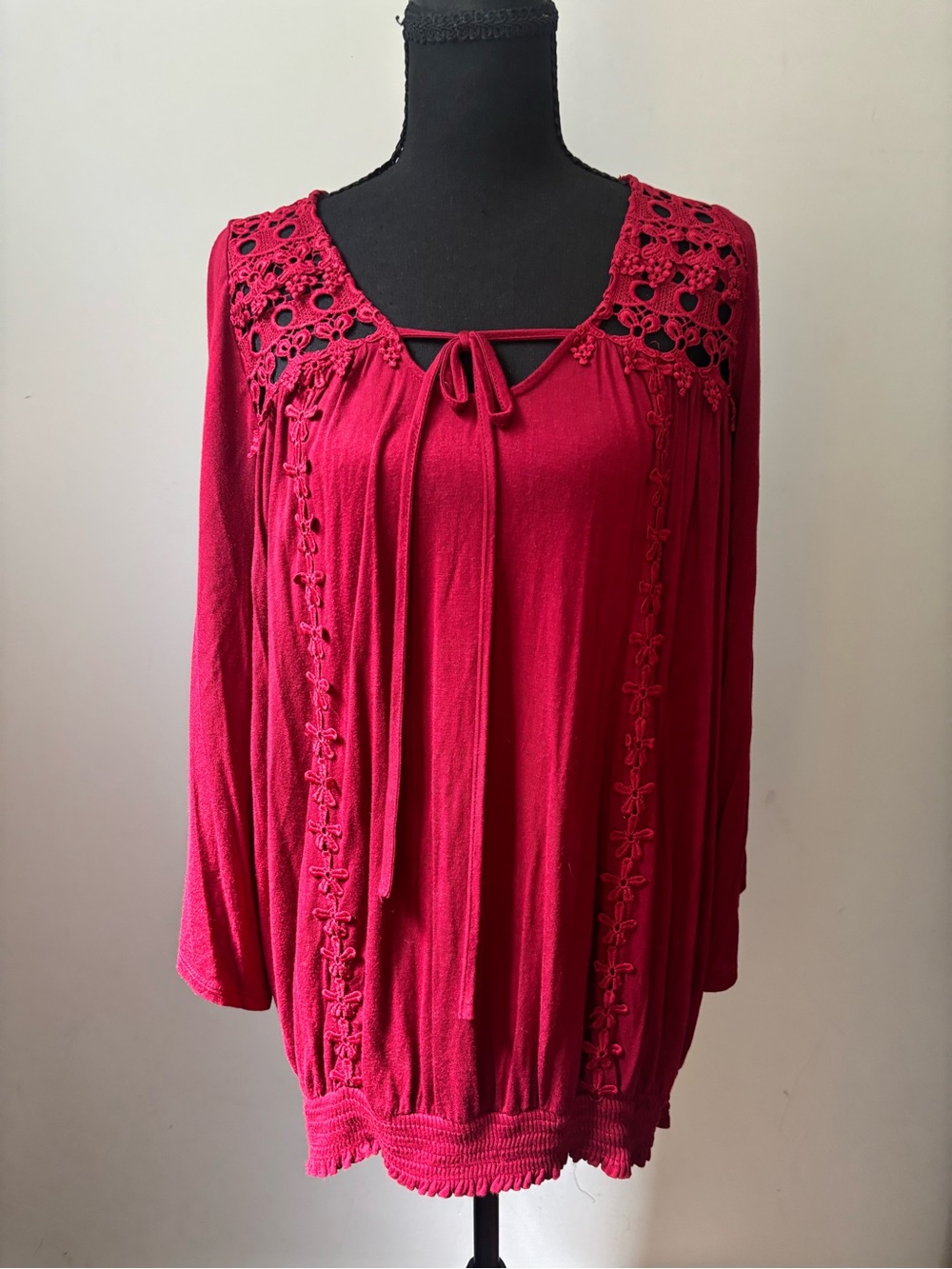 C Collection Women's Crochet Yoke Long Sleeve Top - Wine Size XL - Picture 4 of 5